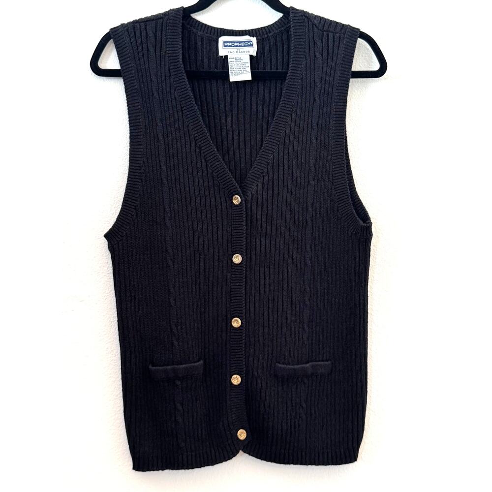 Vintage 90s Sag Harbor Sweater Vest Black Ribbed Gold Button Size‎ L